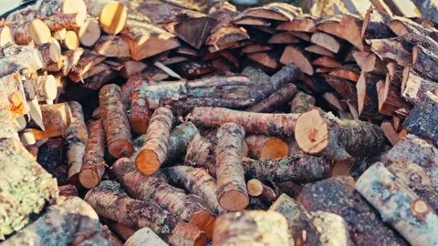 Split Birch Firewood Logs with Rough Bark - Outdoor Woodpile Видео 347689486