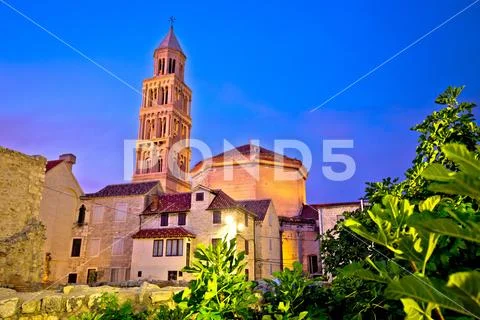 Split cathedral and Diocletian palace evening view Stock Photos
