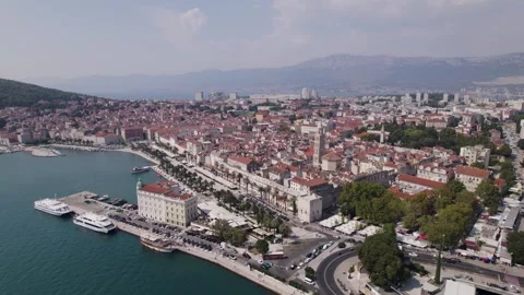 Split cityscape aerial drone shot, flying above Port, Croatia, establisher Stock Footage 253845141