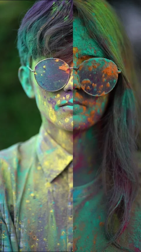 Split closeup of young man and woman covered in vibrant Holi powder, wearing Vídeo Stock 345528198