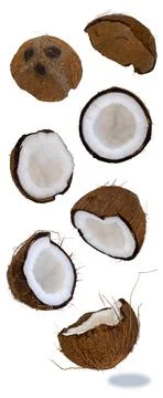 Split coconut on a white background. Coco, ripe palm fruit. many different Foto stock