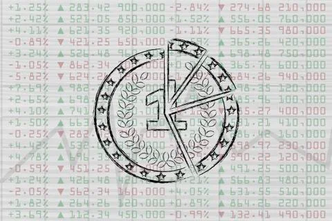 Split coin on top of stock exchange performance data Stock Illustration