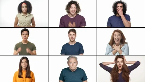 Split collage of multicultural men and women, different generations old and Stock Footage 125506061