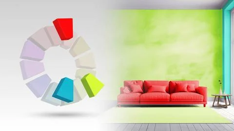 Split complementary color scheme of  blue green,red,yellow green for living Stock Illustration