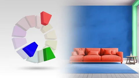 Split complementary color scheme of  blue,red orange,green for living interi Stock Footage 292891434