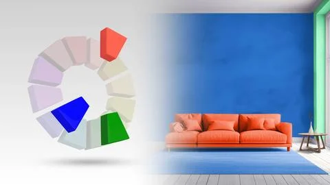 Split complementary color scheme of  blue,red orange,green for living interi Stock Illustration