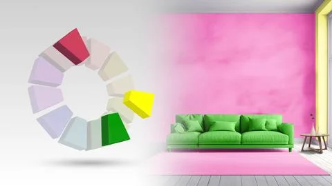 Split complementary color scheme of green,red violet,yellow for living inter Stock Illustration