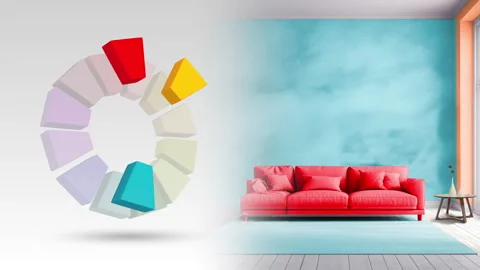 Split complementary color scheme of orange,blue green,red for living interio Stock Footage 292890977