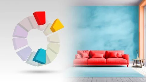 Split complementary color scheme of orange,blue green,red for living interio Illustration