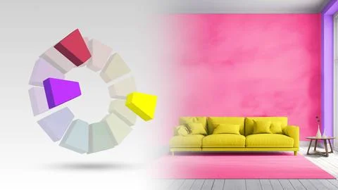 Split complementary color scheme of red violet,yellow,blue violet for living Illustrazione stock