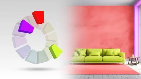 Split complementary color scheme of red,yellow green,violet for living inter Stock Illustration