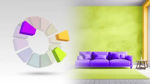 Split complementary color scheme of yellow green,violet,yellow orange for li Stock Illustration