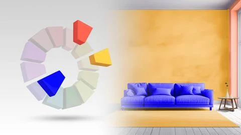 Split complementary color scheme of yellow orange,blue,red orange for living Stock Illustration