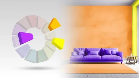 Split complementary color scheme of yellow,blue violet,orange for living int Stock Illustration