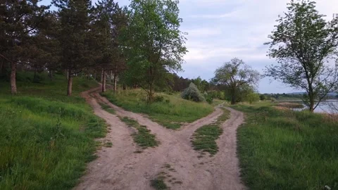 Split country road scene. Crossroad concept choosing the way. Idyllic summer rur Stock Footage 274399996