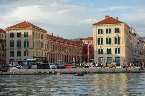 Split, Croatia - 04.25.2025: Seafront view at old city center from Adriatic S Foto stock