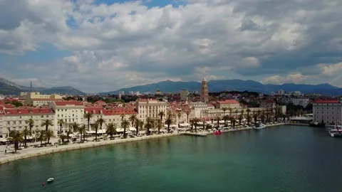 Split Croatia 4K Drone Aerial Flyover Pier City Front Video stock 130473295