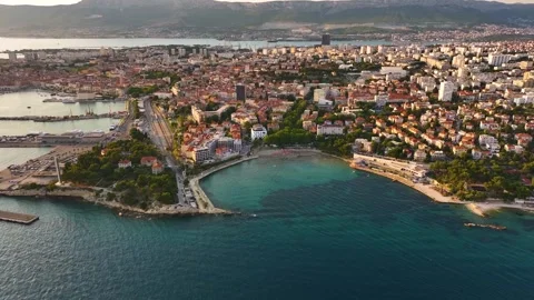 Split Croatia aerial view of city, coastline, and harbor Stock Footage 339040078
