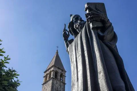 SPLIT, CROATIA - AUGUST 11 2017: Looking up at the statue of the bishop Grego Stock Photos