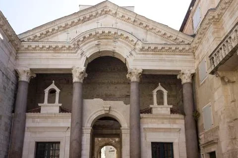 SPLIT, CROATIA - AUGUST 11 2017: Frontal view of the historical facade of Dio Stock Photos
