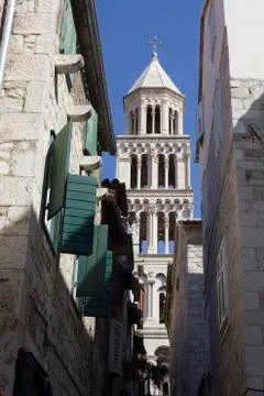 SPLIT, CROATIA - AUGUST 11 2017: Architectural view of Saint Domnius bell tow Stock Photos