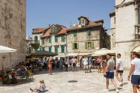 SPLIT, CROATIA - AUGUST 11 2017: People around Fruit square in Split, Croatia Stock Photos