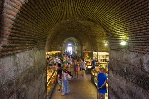 SPLIT, CROATIA - AUGUST 11 2017: Marketplace in the subterranean of Diocletia Stock Photos