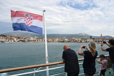 Split, Croatia - August 24, 2025: People look at the Split bay from the ferry Stock Photos