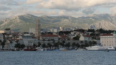 Split, Croatia- June 08 2022: Split Harbor and Cityscape , Mountain Background Stock Footage 203847445