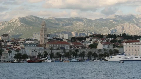Split, Croatia- June 08 2022: Split Harbor, Cityscape and Mountain Background Stock Footage 204720720