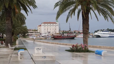 Split, Croatia- June 08 2022: Empty Riva promenade after Rainfall at Waterfront Stock Footage 204918542