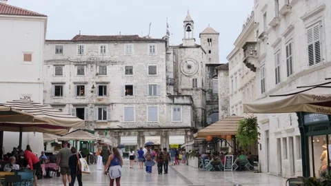 Split, Croatia- June 09 2022: People in Narodni trg, or People's Square, Split Stock Footage 203536047