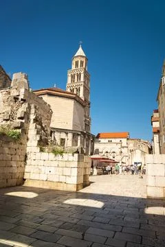 Split Croatia. May 2022 view of the bell tower in the Diocletian palace in Sp Stock Photos