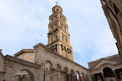 Split Croatia. May 2022 view of the bell tower in the Diocletian palace in Sp Stock Photos