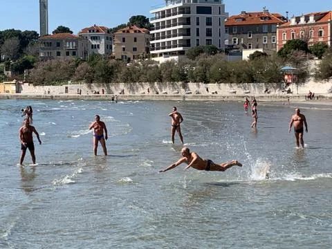 SPLIT, CROATIA - Oct 22, 2020: Playing picigin on Bacvice beach, a traditiona Stock Photos