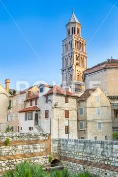Split, Croatia, old town houses and tower of cathedral Stock Photos