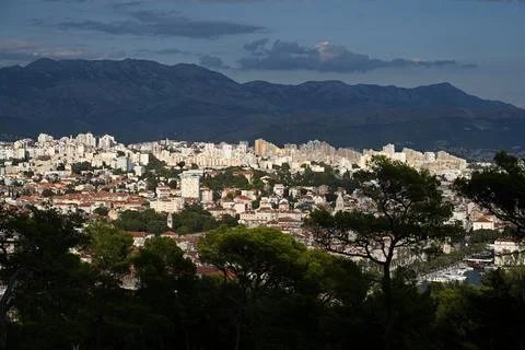 Split, Croatia. Panorama the city of Split. Top view on the  Old Town of Spli Stock Photos