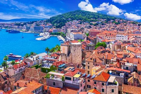 Split, Croatia: Panoramic cityscape of the old medieval city, waterfront and  写真素材