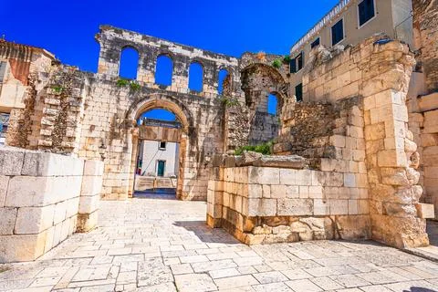 Split, Croatia: Silver Gate or.Srebrena vrata in Diocletian palace ruins at.. Stock Photos