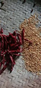 Split the dried chilies and separate the seeds Photos