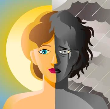 Split face double personality bipolar sad and happy woman in sun and cloudy sky Stock Illustration