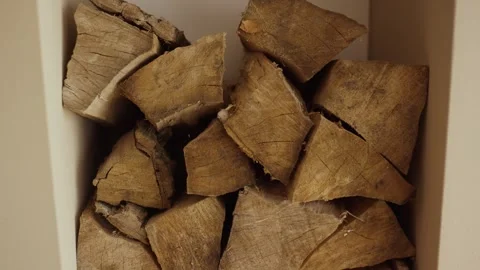 Split Firewood Logs Stacked in Wooden Crate, Overhead Close Up Shot Stock-Footage 341430085