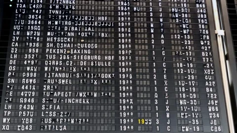 Split-flap mechanical departure board actively flipping alphanumeric tiles .. Video stock 342065572