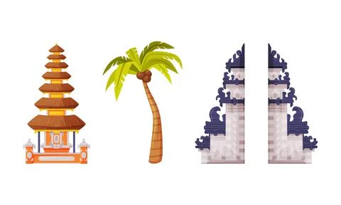 Split Gateway, Palm Tree and Pagoda as Bali Traditional Cultural Attribute Stock Illustration
