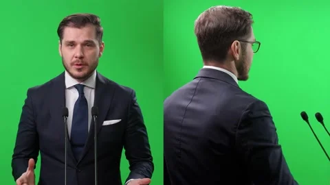 Split green screen, an elegant man standing on a green background, the lecturer Stock Footage 231294456