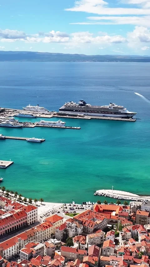 Split Harbor Drone View Boats Ferries Islands 스톡 동영상 338300024