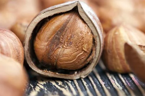 Split hazelnuts on the table 写真素材