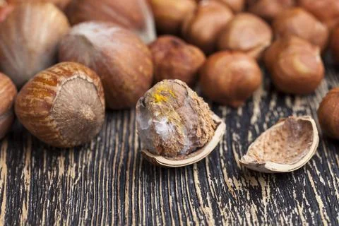 Split hazelnuts on the table Foto stock