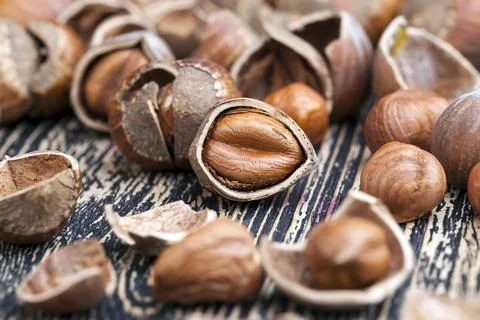 Split hazelnuts on the table Foto stock