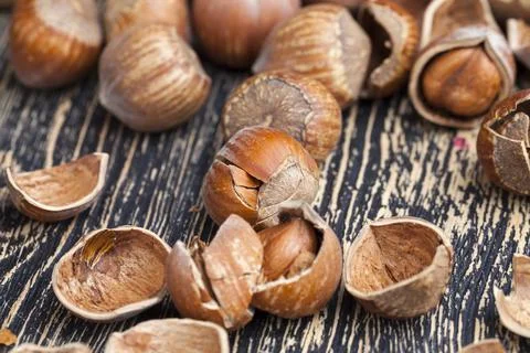 Split hazelnuts on the table Foto stock
